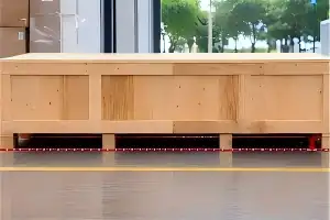Long wooden crate with several timber feet and an annotated line along the lower base.