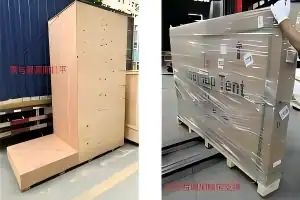 Side-by-side examples of a tall wooden package with an extended support and a wrapped unit on a timber base.